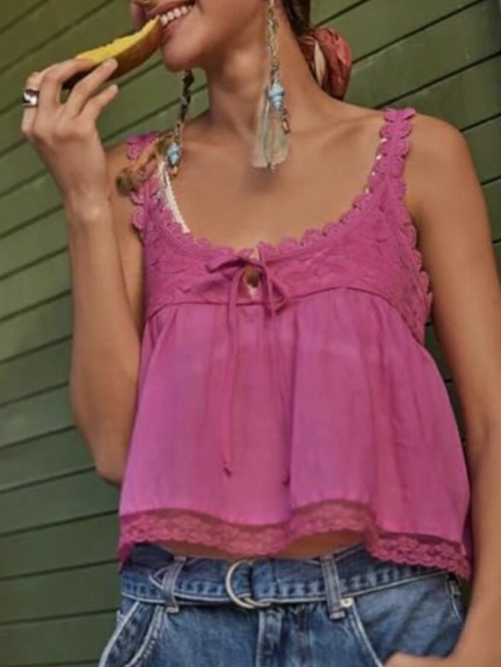 FP Women's Pink Stevie Lace-Trim Tank Boho-Babydoll-Large
